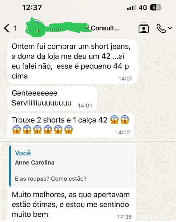 Print de depoimento sobre short 42 e roupas mais folgadas